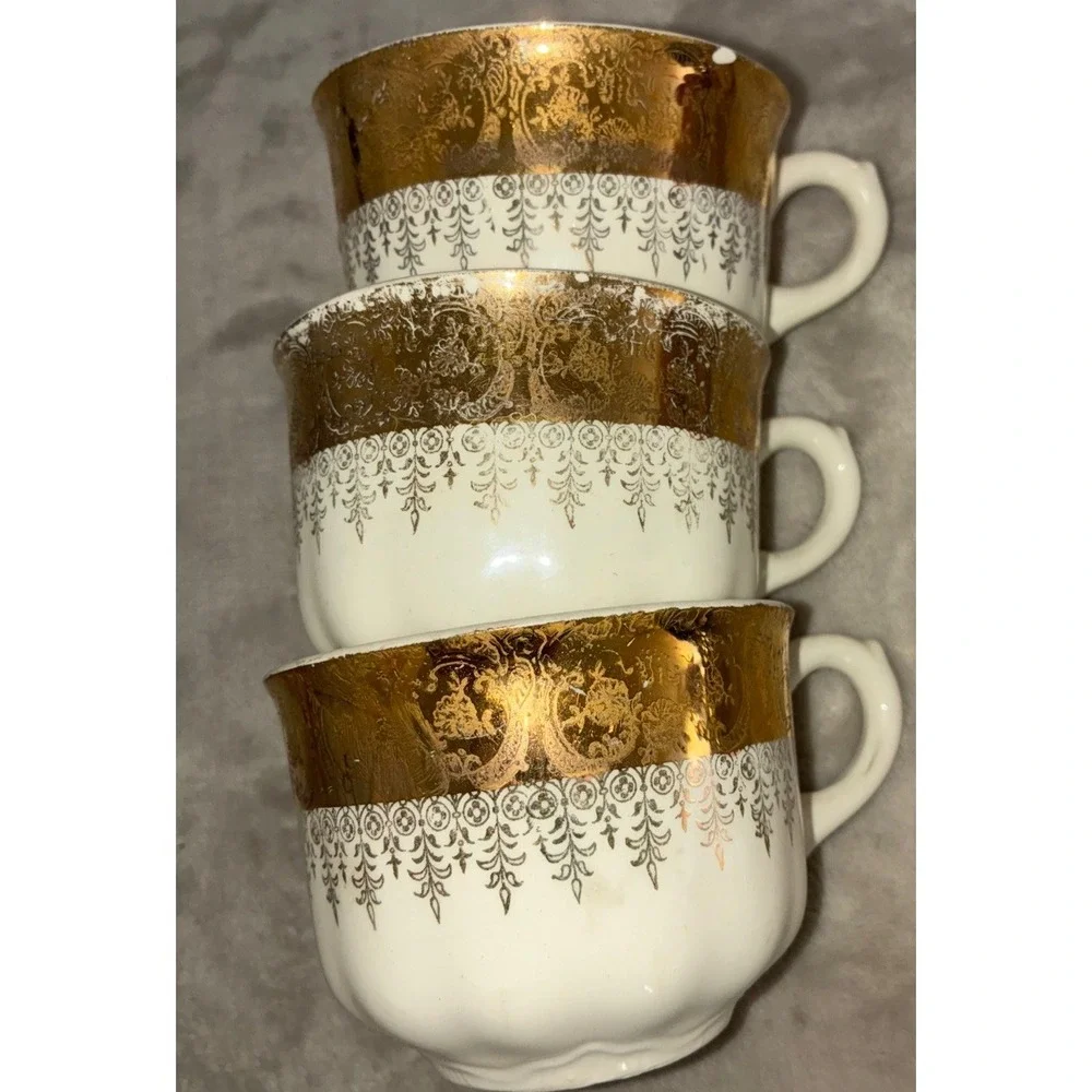 Vintage Vogue Gold Filigree Teacup White Floral 22k Gold Homer Laughlin Lot Of 3